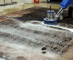 Professional rug cleaning with a rotary floor machine and shampoo foam, deep-cleaning an area rug, in Bellevue, WA.