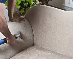 Professional upholstery cleaner deep-cleaning a fabric sofa with a handheld extraction tool and hose in Bellevue, WA.